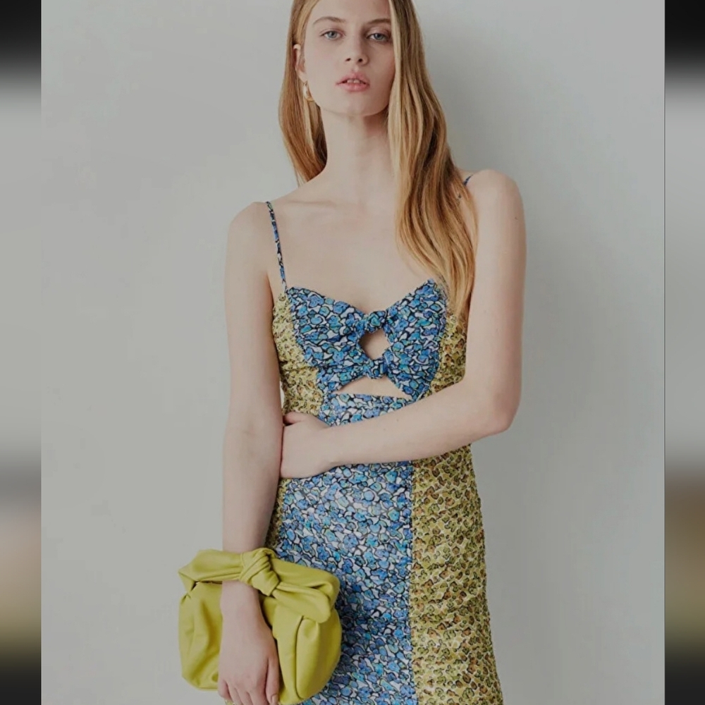 Ipekyol Flower Print Strappy Mini Dress Yellow Blue Waist Opening - Size 6